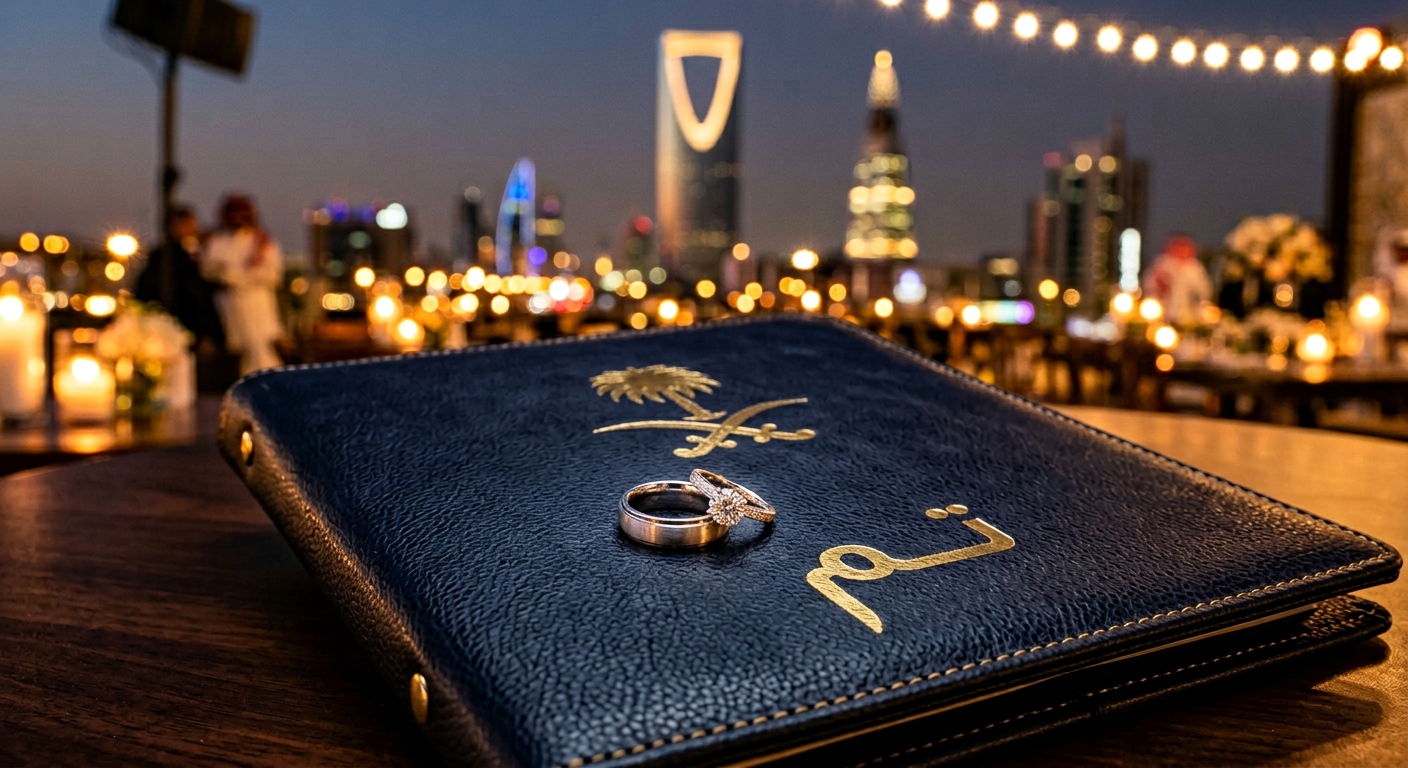 واجهة مكتب تصريح زواج بالرياض مع أوراق رسمية وخاتم زواج.